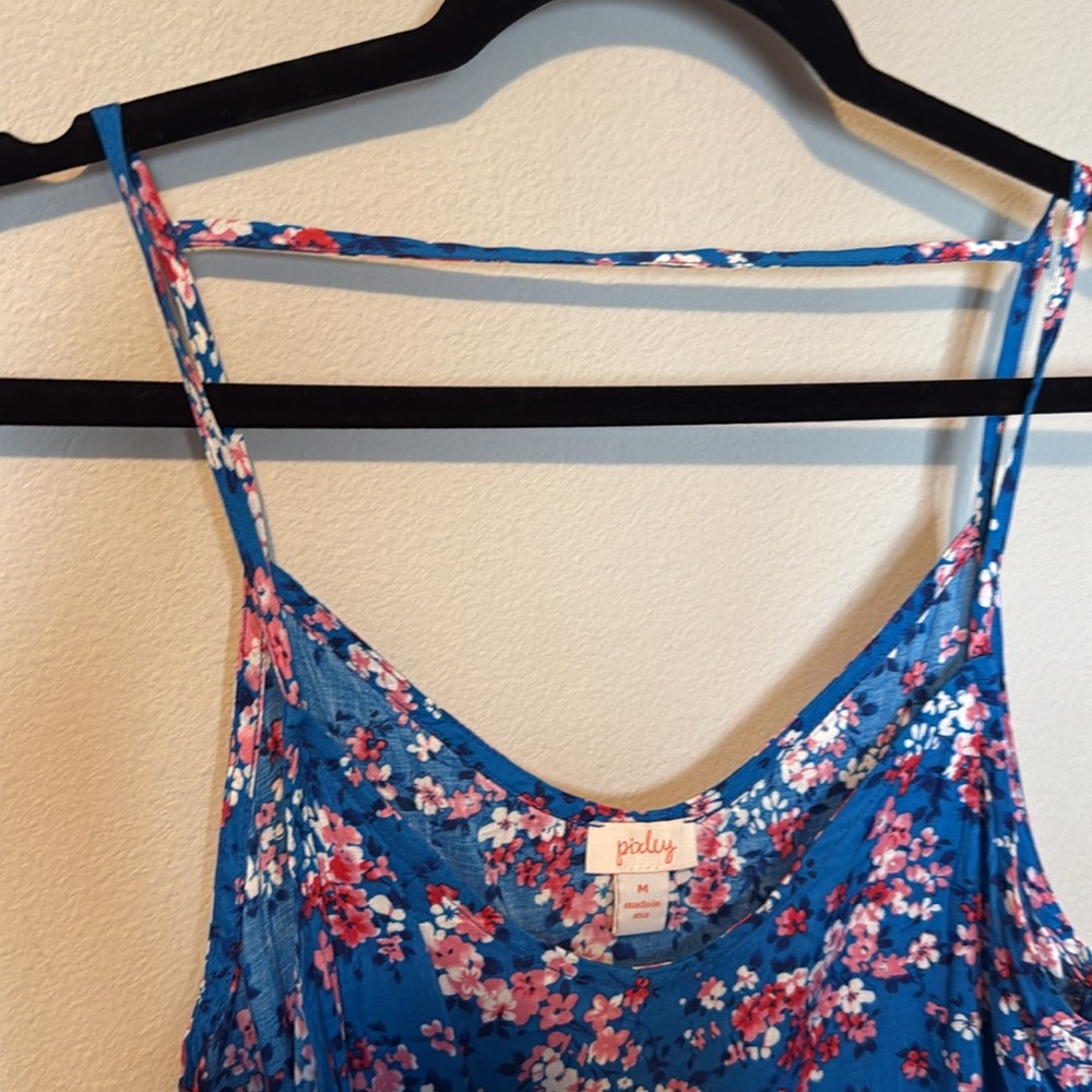 Pixley Tank Top Spaghetti Strap Bright Blue Floral Womens Medium Made USA Rayon - Picture 4 of 7